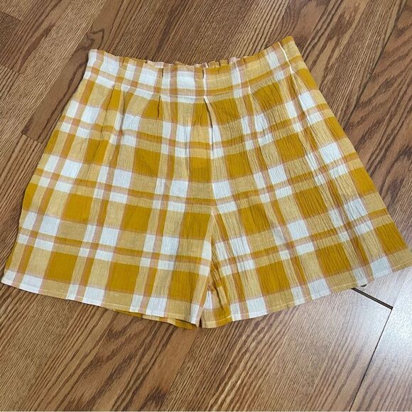 MNG by Mango High Waisted Cotton Yellow Plaid Shorts Sz-L NWT! - Picture 1 of 12